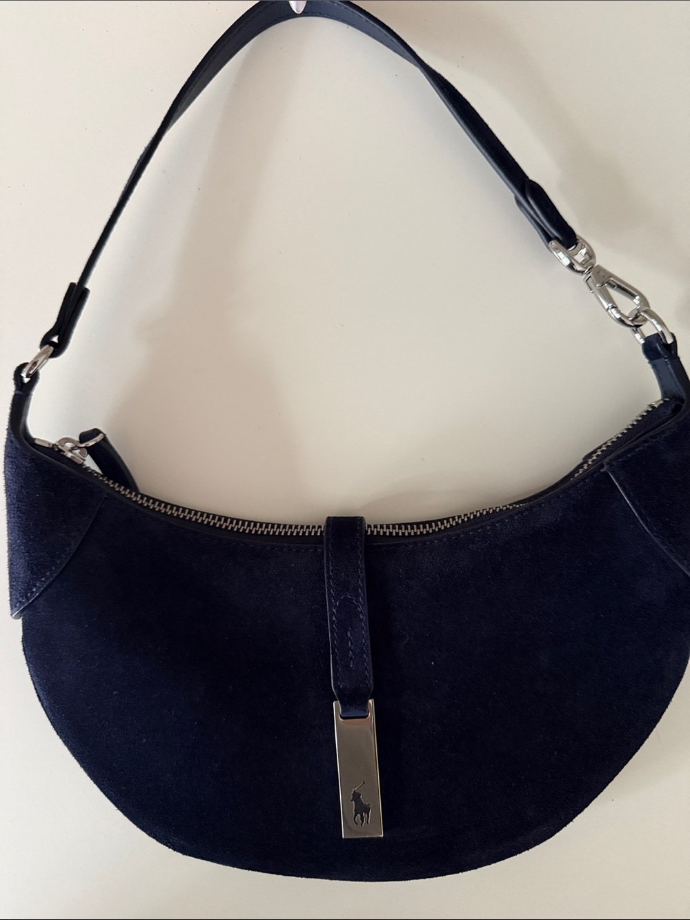 Polo by Ralph Lauren Navy Suede Crescent Shoulder Bag with Silver Hardware